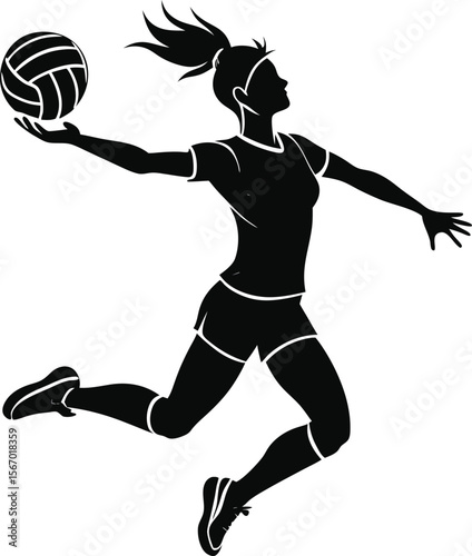 Silhouette of a woman jumping to spike a volleyball