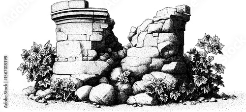 Vintage sketch of sunken watchtower base with ivy-covered parapet