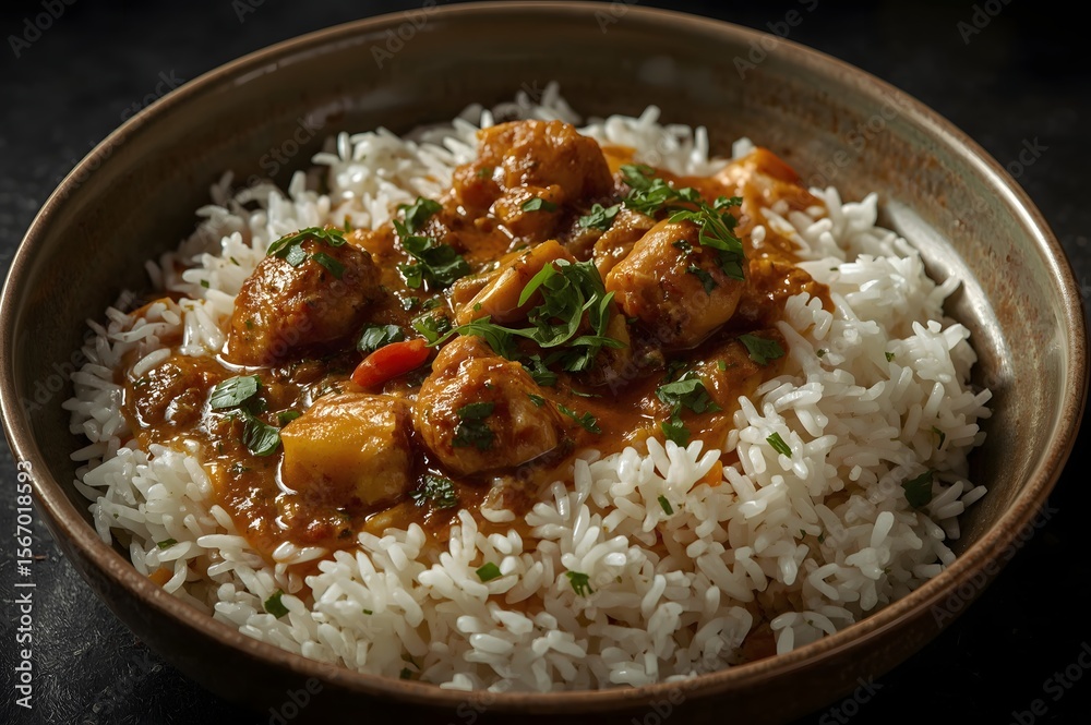 Delicious chicken curry served over fluffy white basmati rice in a rustic bowl Delicious chicken curry served over fluffy white basmati rice in a rustic bowl