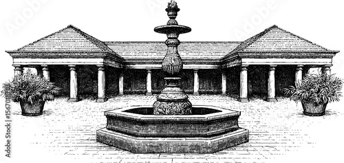 Vintage hand-drawn stone plaza with fountain and open roof atrium for architectural design
