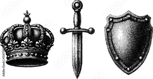 Vintage sword, crown, and shield set for tattoo design