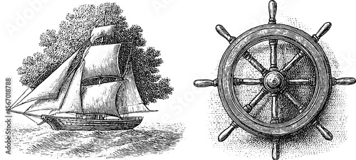 Vintage nautical engraving of ship with tattered sails and detailed ship wheel illustration