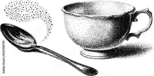 Vintage teacup and spoon with swirling steam in dotwork style for retro design