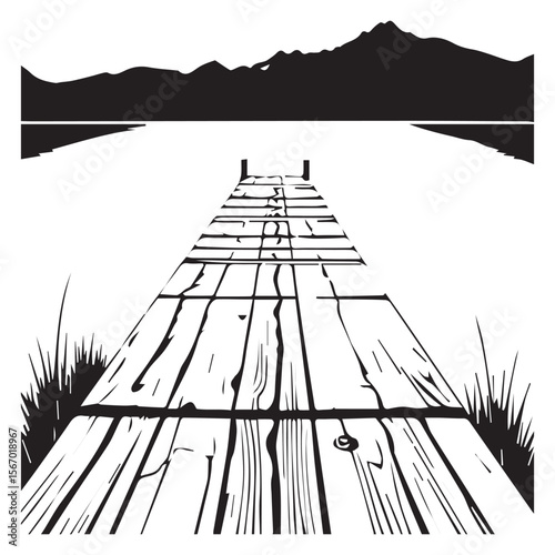 Black and white illustration of a wooden dock leading to a distant mountain range