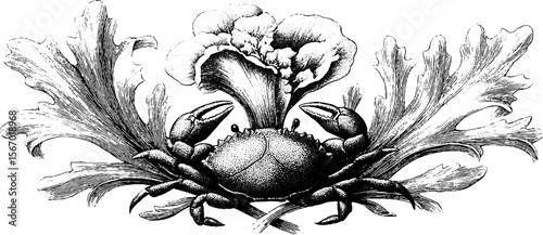 Vintage sketch of tidepool crab with barnacle and kelp for nautical designs