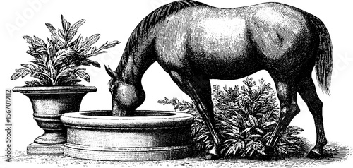 Vintage illustration of tired horse by dry fountain surrounded by plants