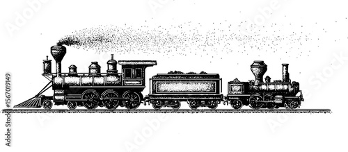 Vintage train engine and railway with smoke puff sketch illustration