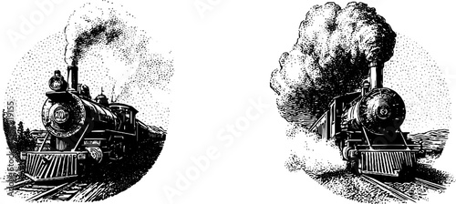 Vintage train engine sketches with smoke puffing on railway tracks