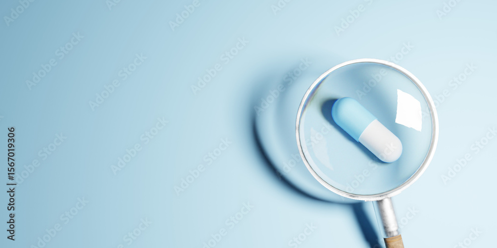 custom made wallpaper toronto digitalMagnifying glass looking at a pill symbol. Positive thinking mindset or healthcare insurance symbol concept. Business for profit, benefit, development and growth concepts, copy space. 3d rendering