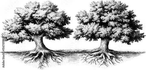 Vintage dotwork tree and root engraving with leaf silhouette for tattoo design