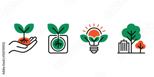 “Eco-Conscious Line Art Icon Set – Hand-Drawn Symbols Representing Nature, Energy, and Urban Life with Green and Orange Highlights on White Canvas for Sustainable Design Applications”