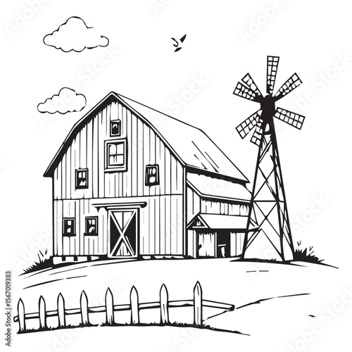 Rustic barn and windmill illustration with a picket fence and clouds
