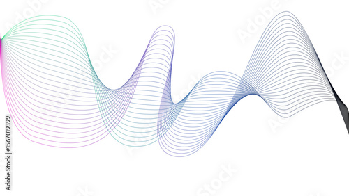Vector curvy abstract line art wavy flowing dynamic colorful lines white background in concept music or sound, wave, wind, information flow	
