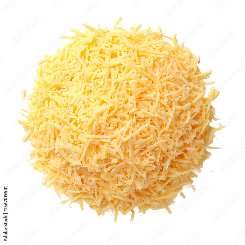 Fototapeta premium Close up photo of a pile of finely shredded cheddar cheese, showcasing its vibrant yellow color and texture