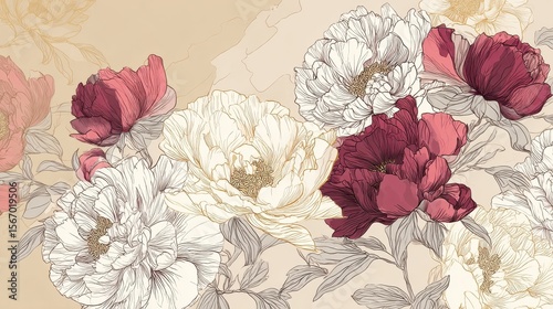 Luxurious line arts background design with peony flower spherical composition for wallpaper, textiles, paper and prints. Vintage vector illustration. , no logos, no brands