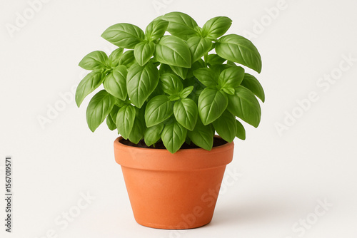 Isolated houseplant in small terracotta pot filled with rich soil, featuring vibrant green leaves ideal for botanical, lifestyle, and minimalist garden visuals