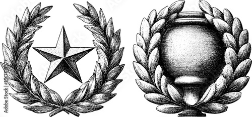 Vintage trophy and laurel wreath star dotwork design for awards and achievements