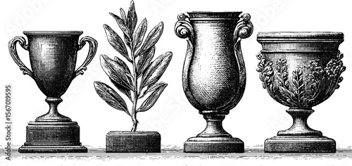 Vintage trophy and podium with laurel leaf in hand drawn dotwork style for awards and achievements