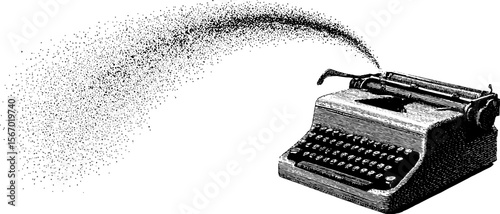 Vintage typewriter with flying paper and ink splash - retro engraving art for print design