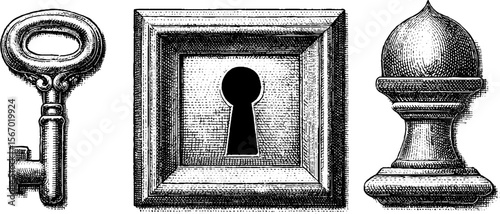 Vintage key, keyhole plate, and worn lock sketch for retro design projects