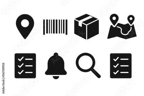Shipping and Logistics Solid Icons Set – Silhouette Delivery and Inventory Symbols on White Background