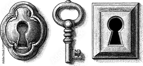 Vintage key, keyhole plate, and worn lock illustration for retro decor design