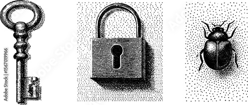 Vintage dotwork engraving of key, lock, and ribbon with beetle silhouette for retro design