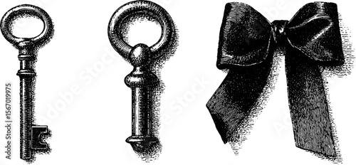 Vintage key, lock, and ribbon dotwork design for tattoo art