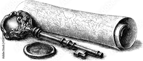 Vintage key with map scroll and wax seal for antique design and retro decor projects