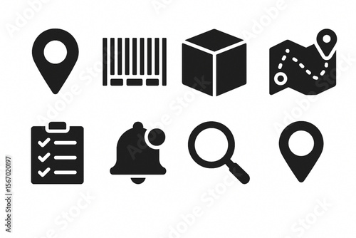 Shipping and Logistics Solid Icons Set – Silhouette Delivery and Inventory Symbols on White Background