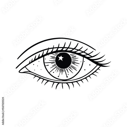 Abstract line art vector illustration of a surreal human eye undergoing transformation blending organic and geometric shapes in a modern artistic style with a monochromatic