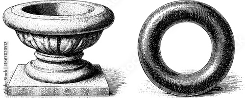 Vintage engraving of stone pier edge and rusted ring for retro design