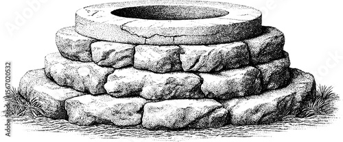 Vintage stone pier edge with rusted ring in intricate hand drawn sketch