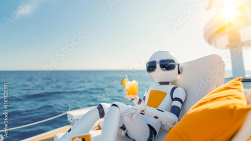 A humanoid robot relaxes on a sunlit cruise ship deck, holding a cocktail