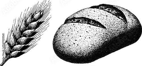 Rustic harvest elements: wheat stalk, loaf of bread, and sickle for traditional design
