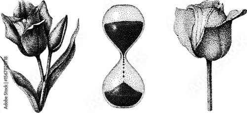 Vintage engraving of wilted flower, hourglass, and raindrop silhouettes for retro design
