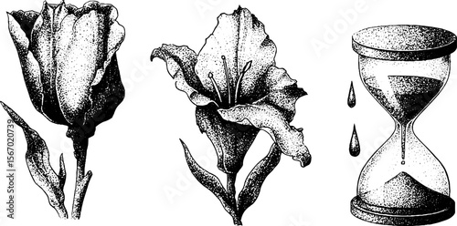Vintage hand-drawn illustration of wilted flowers and hourglass with raindrops for retro design