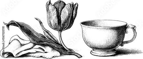 Vintage sketch of wilted tulip with teacup and lace cloth for retro design