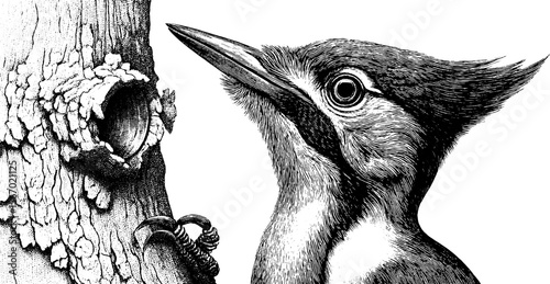 Vintage woodpecker illustration with tree bark and echo ring design