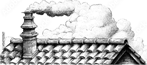 Vintage rooftop scene with smoke plume and worn tiles - hand drawn engraving illustration