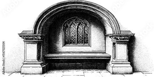Vintage silent chapel with arched stained glass window for historical design concepts
