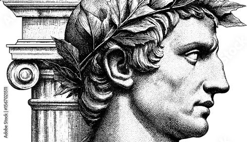 Vintage engraving of caesar statue with toga and laurel wreath - hand drawn illustration