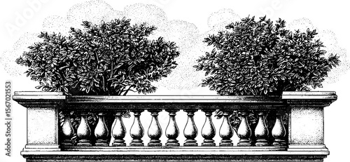 Vintage stone balcony with wrought iron railing and lush foliage - retro architectural sketch for design
