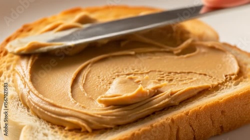 Close-up of Peanut Butter Swirled on Toasted Bread, Delicious Breakfast