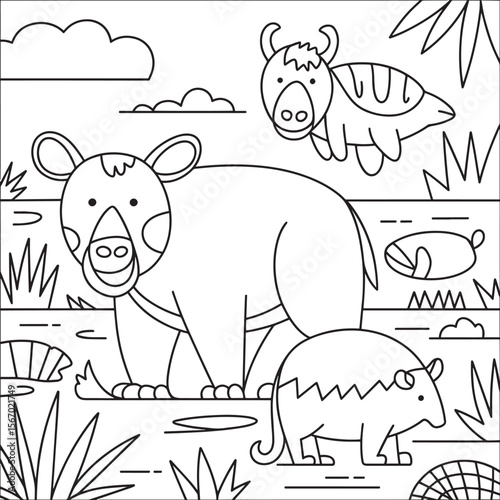 Tapir Family in Jungle Line Art