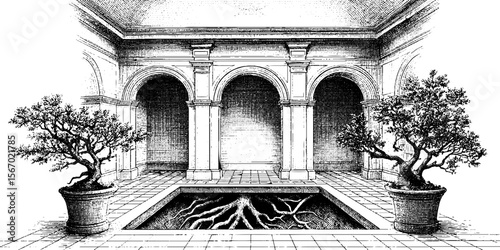 Enchanted throne room with tree roots merging with marble architecture