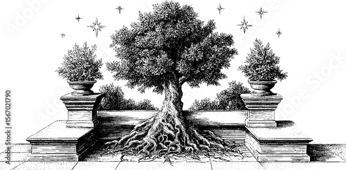 Enchanted throne room with tree roots and marble elements - magical setting for design