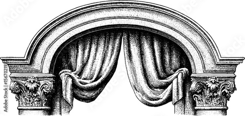 Vintage velvet curtain drawing in baroque theatre setting for elegant design