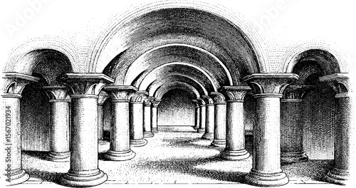 Vintage architectural sketch of vaulted ceiling corridor with patterned floor