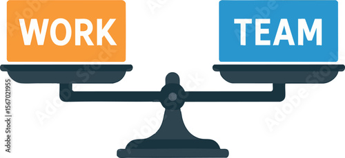 Flat vector balance scale with “Work” and “Team” blocks perfectly aligned, leadership balance metaphor, isolated on white